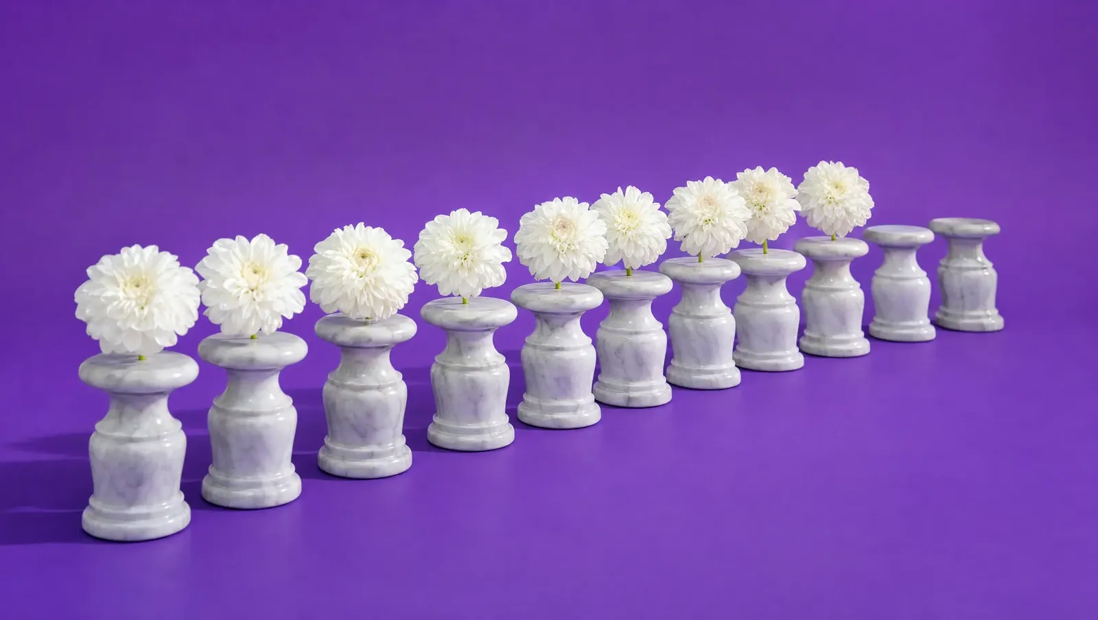 Dez pedestais de mármore em fila, oito com uma flor branca e os dois últimos vazios, sobre fundo violeta