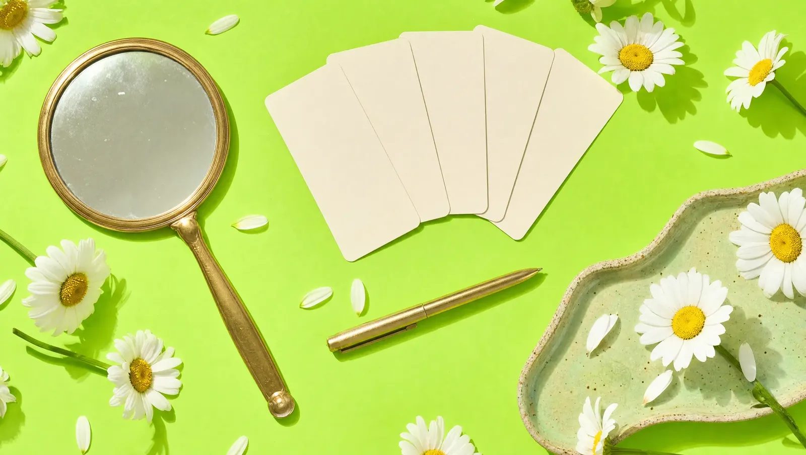 Espelho de mão, cartões em branco em leque, caneta e margaridas sobre fundo verde