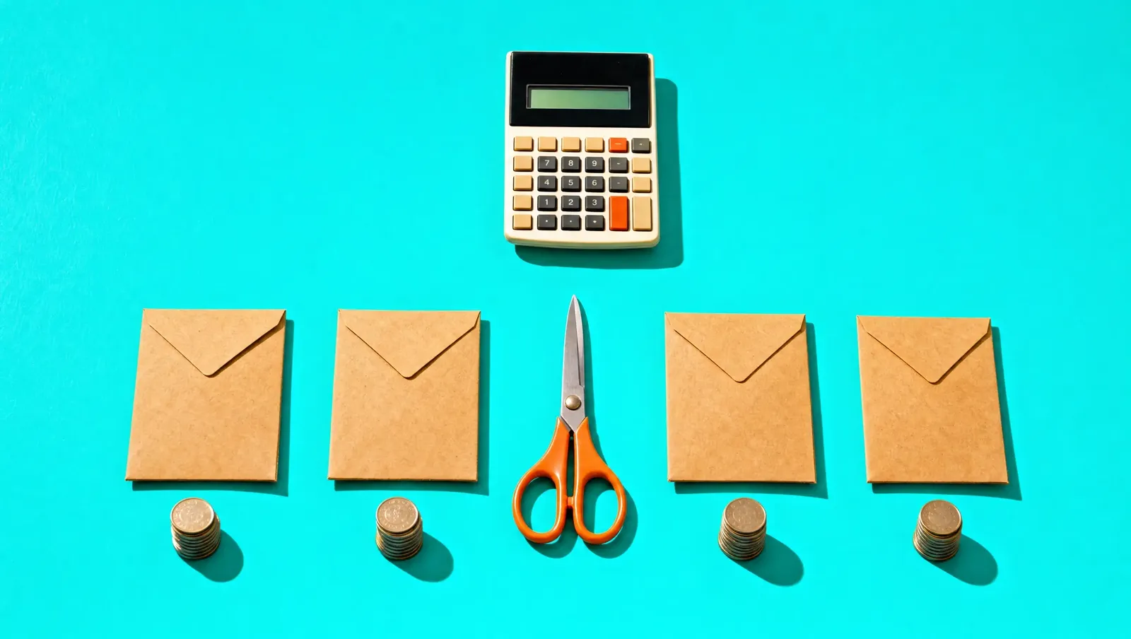 Quatro envelopes kraft em fila, cada um com uma pilha igual de moedas ao lado, calculadora e tesoura, sobre fundo turquesa