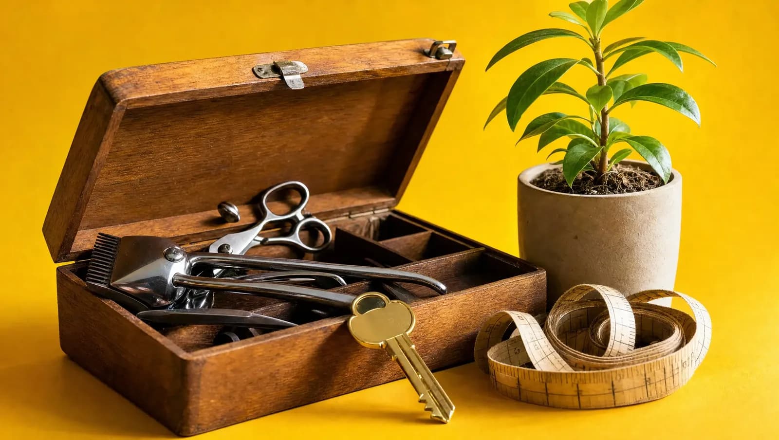 Maleta de ferramentas de barbeiro aberta com chave nova por cima, fita métrica e muda de planta, sobre fundo dourado