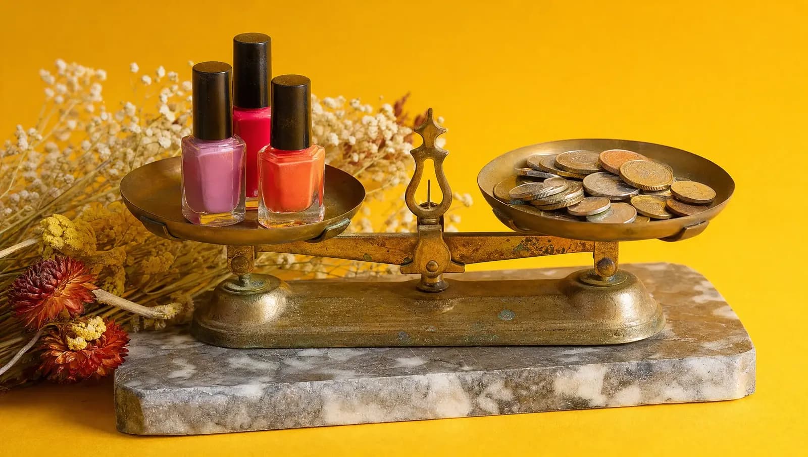 Balança de dois pratos com esmaltes de um lado e moedas do outro, sobre fundo dourado