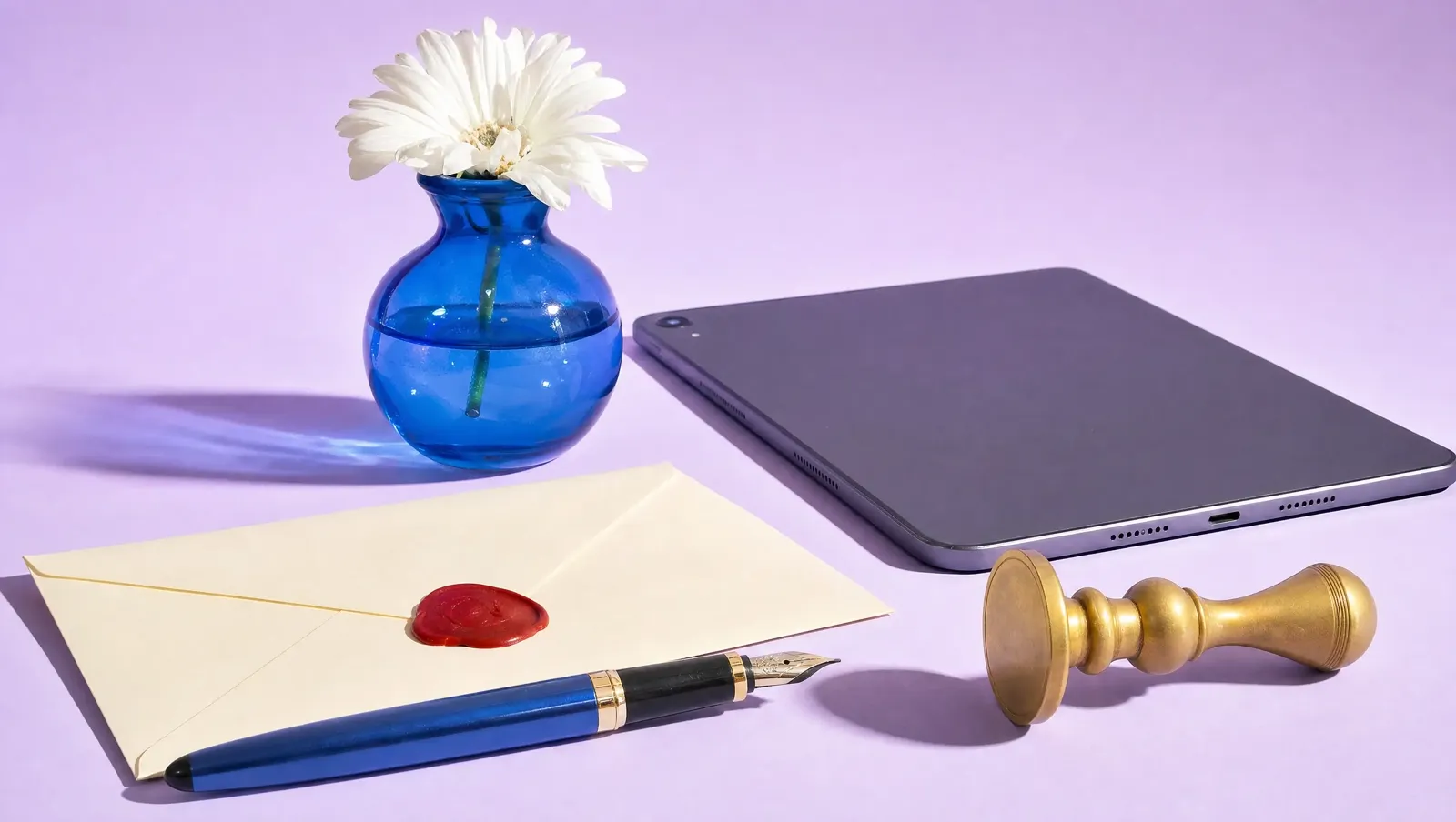 Caneta-tinteiro, envelope com lacre de cera, carimbo de latão e tablet virado para baixo sobre fundo lavanda