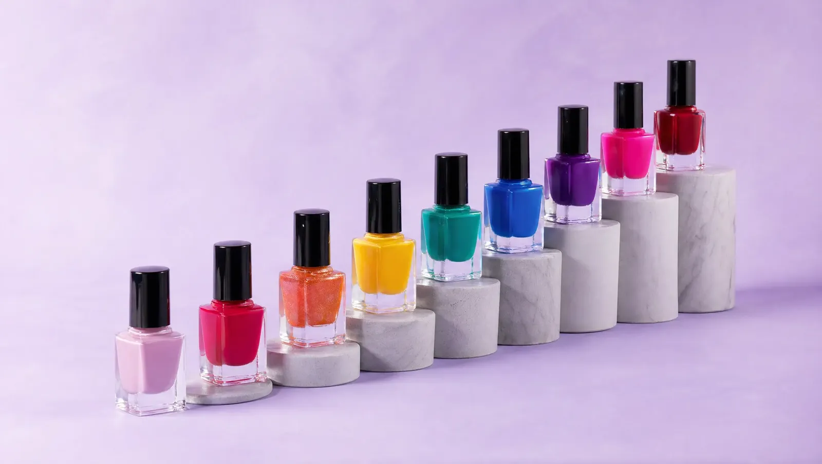 Nove vidros de esmalte numa diagonal ascendente, cada um num degrau de mármore mais alto, sobre fundo lavanda