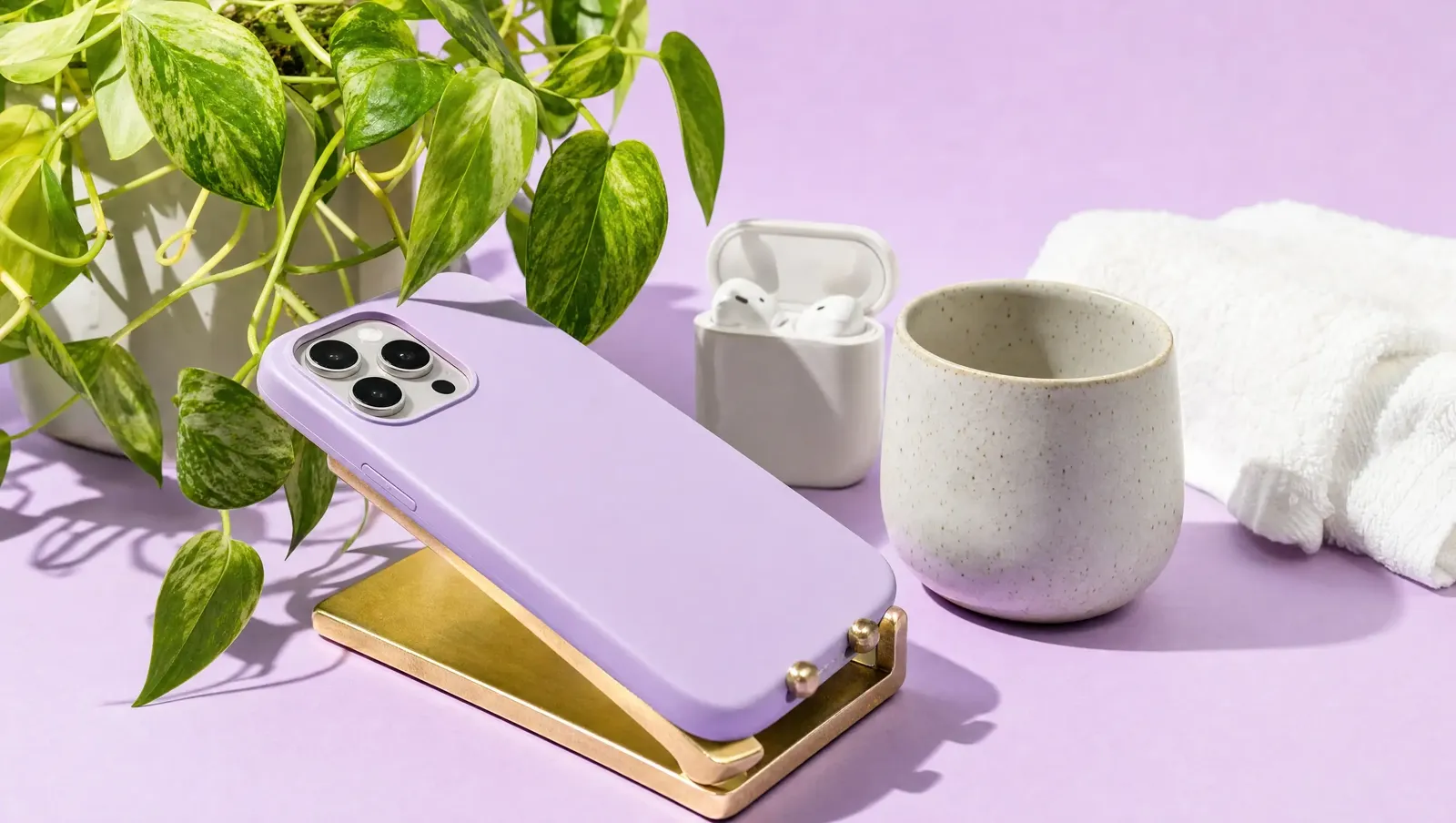 Celular virado para baixo em suporte, fones sem fio na caixinha, xícara e planta pendente sobre fundo lavanda