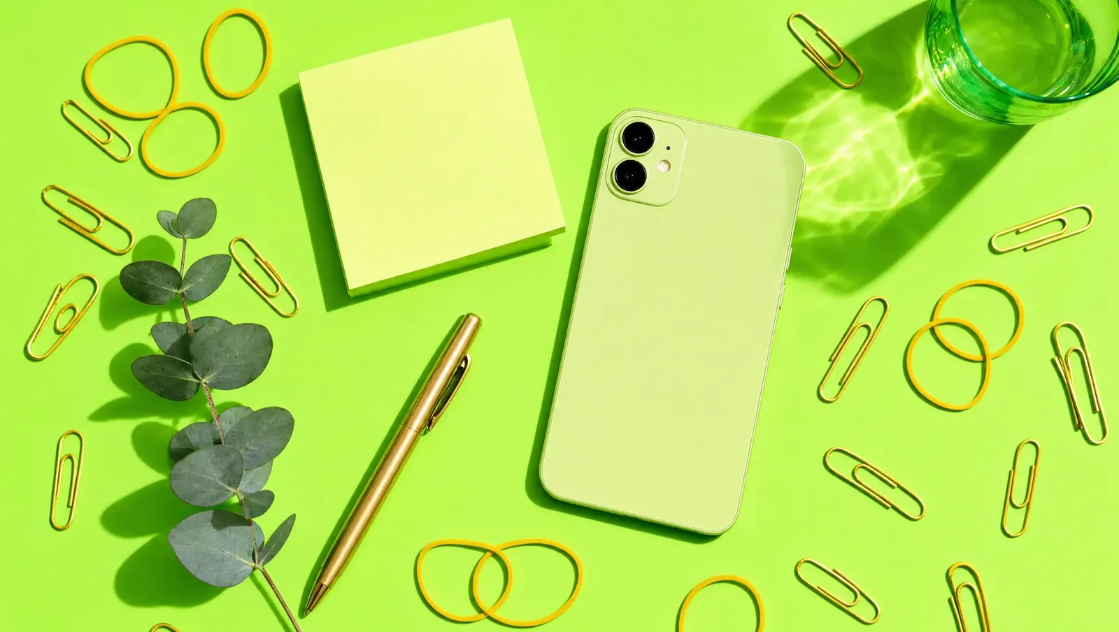 Celular virado para baixo, bloco de recados em branco, clipes, elásticos e ramo de eucalipto, fundo verde