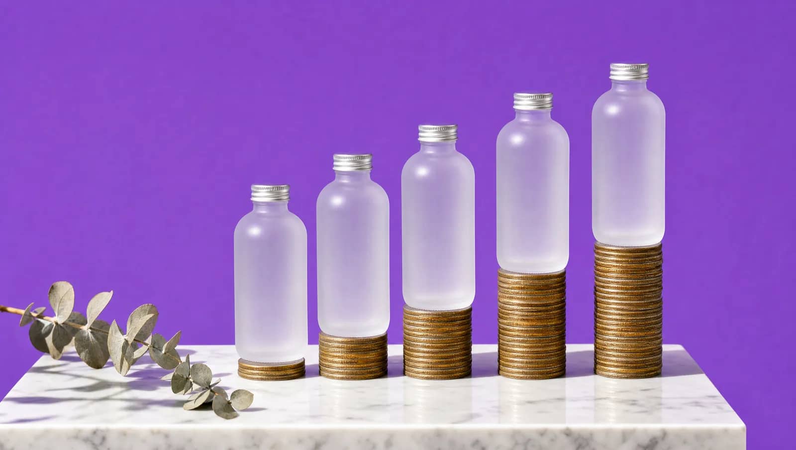Cinco frascos de xampu iguais e sem rótulo, cada um sobre uma pilha de moedas de altura diferente, sobre fundo violeta
