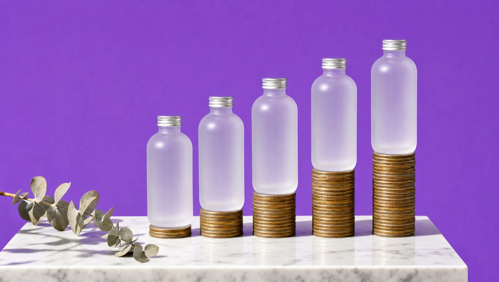 Cinco frascos de xampu iguais e sem rótulo, cada um sobre uma pilha de moedas de altura diferente, sobre fundo violeta