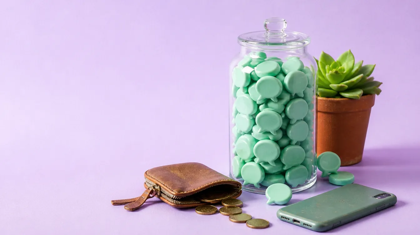 Pote de vidro cheio de fichas verdes em forma de balão de conversa, ao lado de um porta-moedas de couro aberto com moedas, um celular virado para baixo e uma suculenta, sobre fundo lavanda