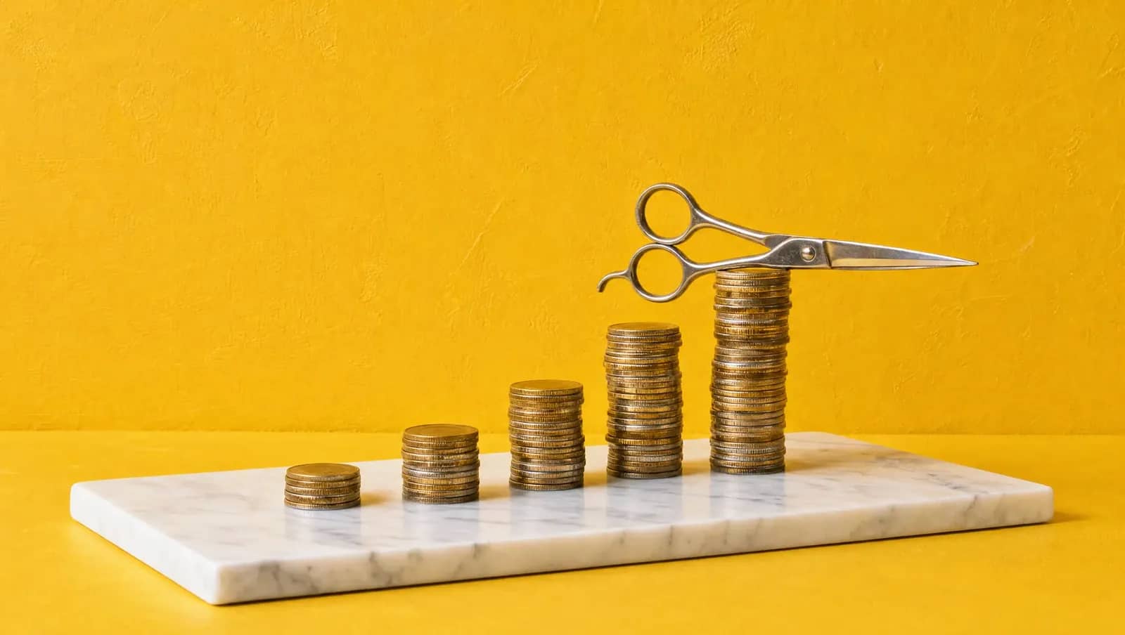 Cinco pilhas de moedas em escada com uma tesoura de barbeiro no degrau mais alto, sobre fundo dourado