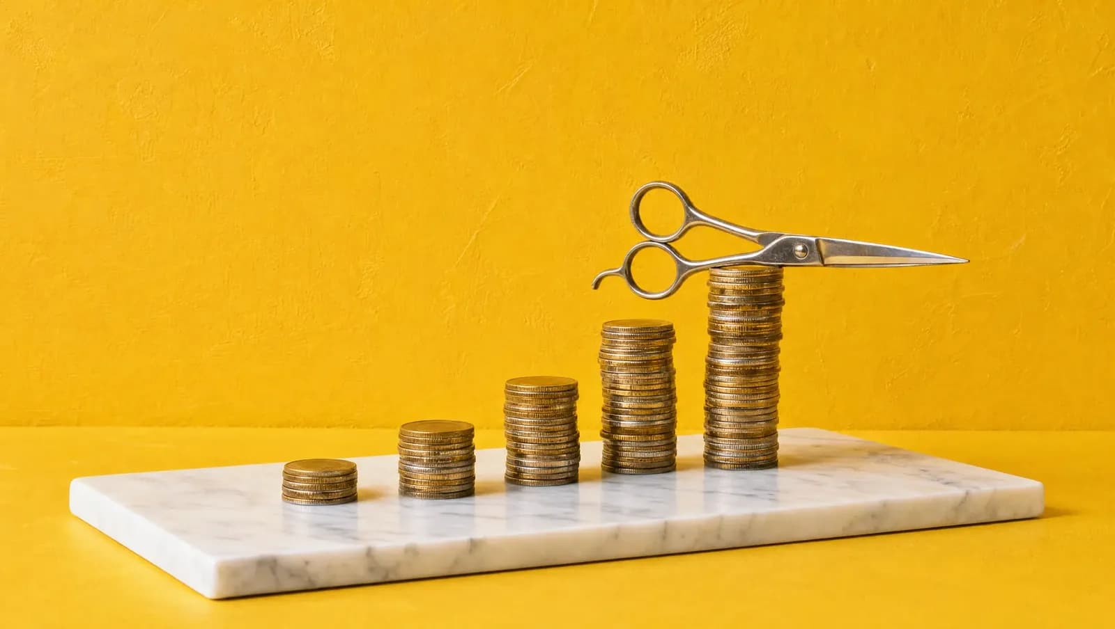 Cinco pilhas de moedas em escada com uma tesoura de barbeiro no degrau mais alto, sobre fundo dourado