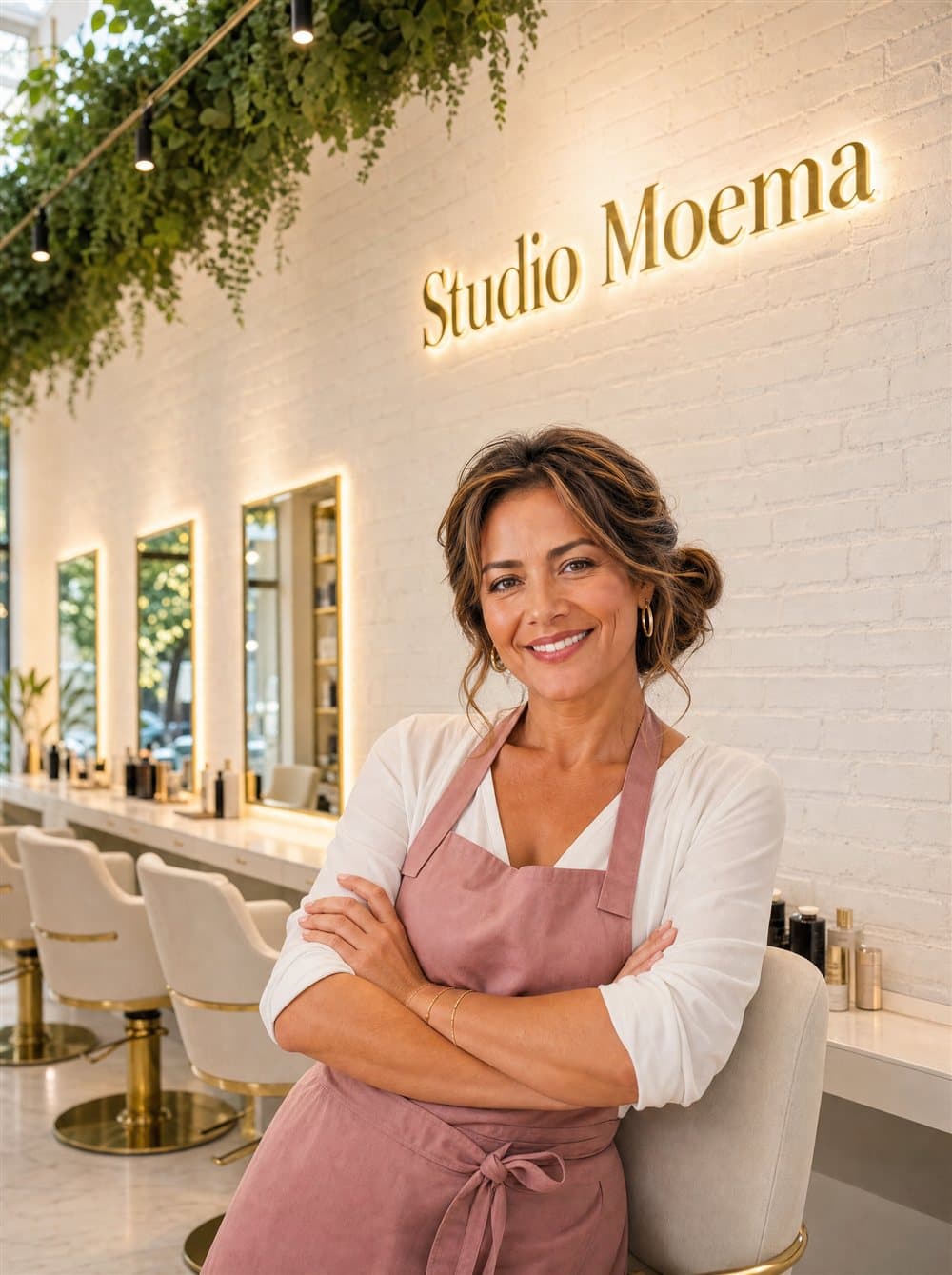 Salon owner smiling, confident, in her salon