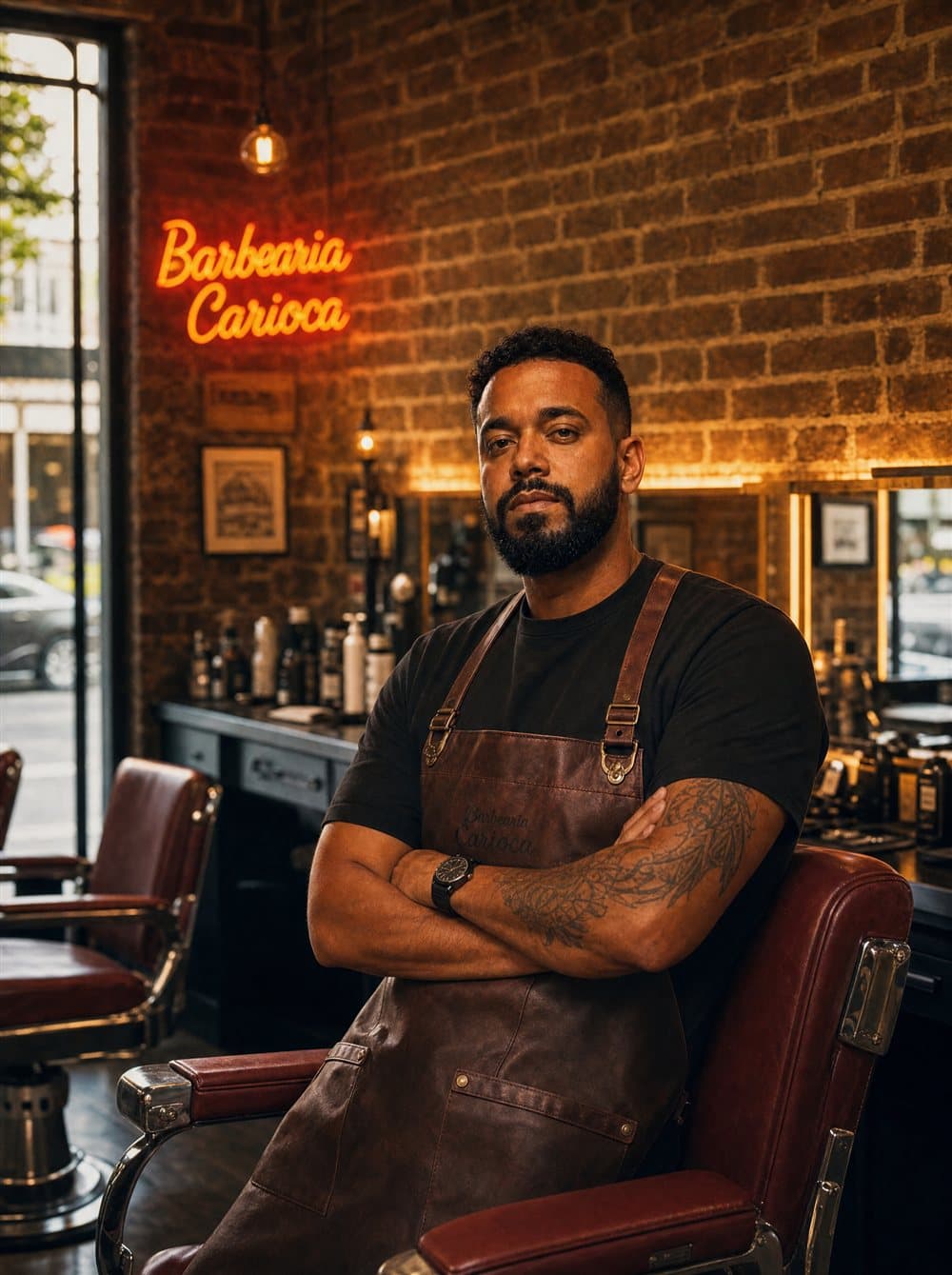 Dono de barbearia de braços cruzados, confiante, na sua barbearia